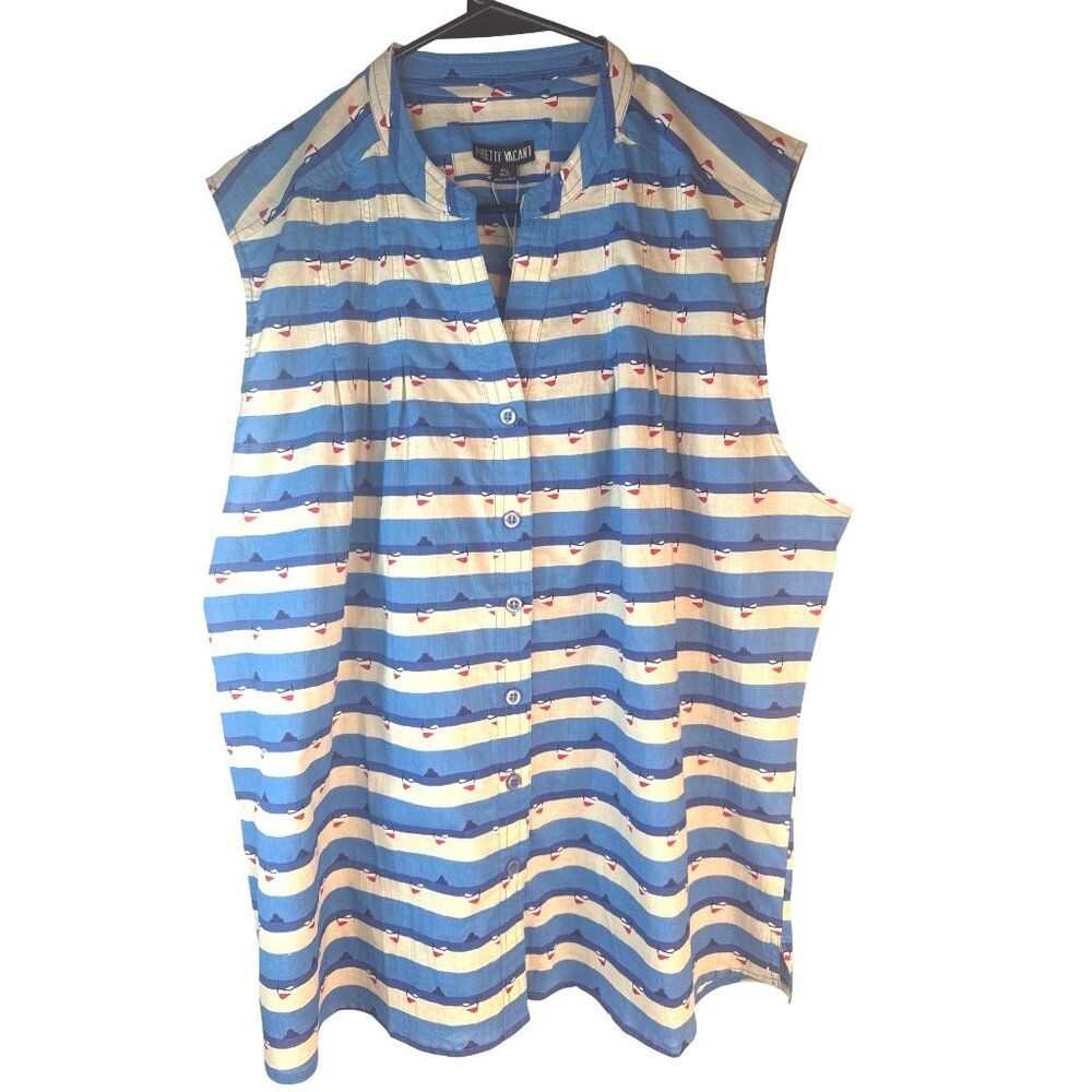 2/$30 Pretty Vacant 4XL Sleeveless Button-Up Shirt Blue Beige Print Cotton Blend - Picture 2 of 16